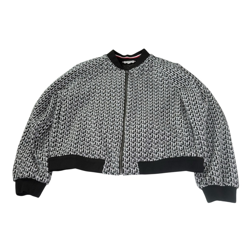Tommy Hilfiger Womens XL Monogram Cropped Bomber Jacket Full Zip Black White